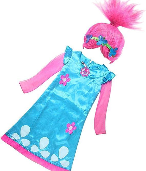 Girls Trolls Princess Poppy Costume with Wig | Kids Colorful Dress-Up Outfit for Halloween & Parties